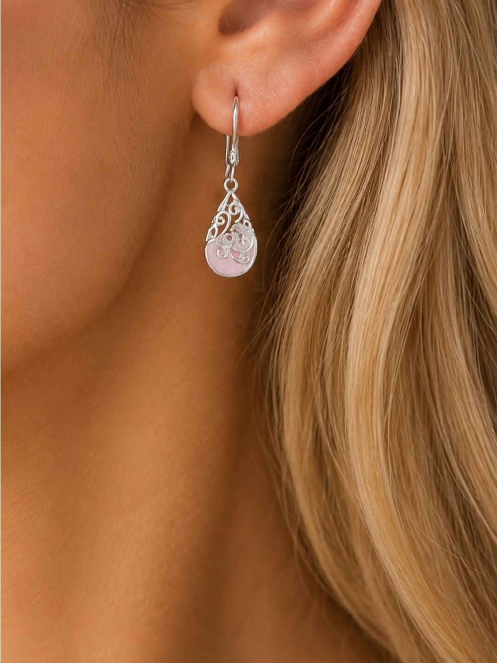 925 Silver Filigree Teardrop Earrings with Pink Stone